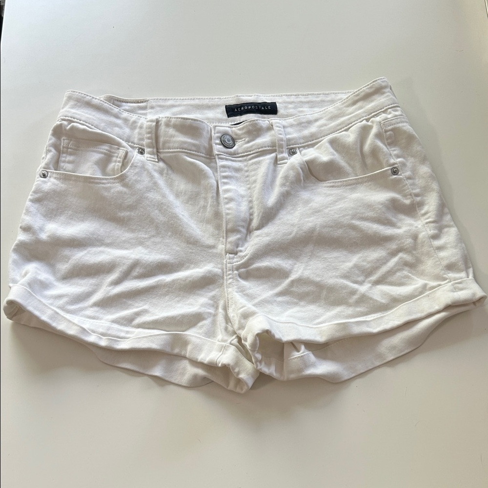 2/$18 Aeropostale White High Rise Midi Rolled-Hem Denim Shorts Sz 12